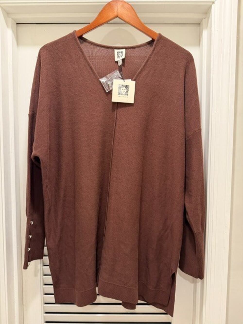 Anne Klein Women's Cotton V-Neck Maroon Sweater Brass Buttons NWT XL